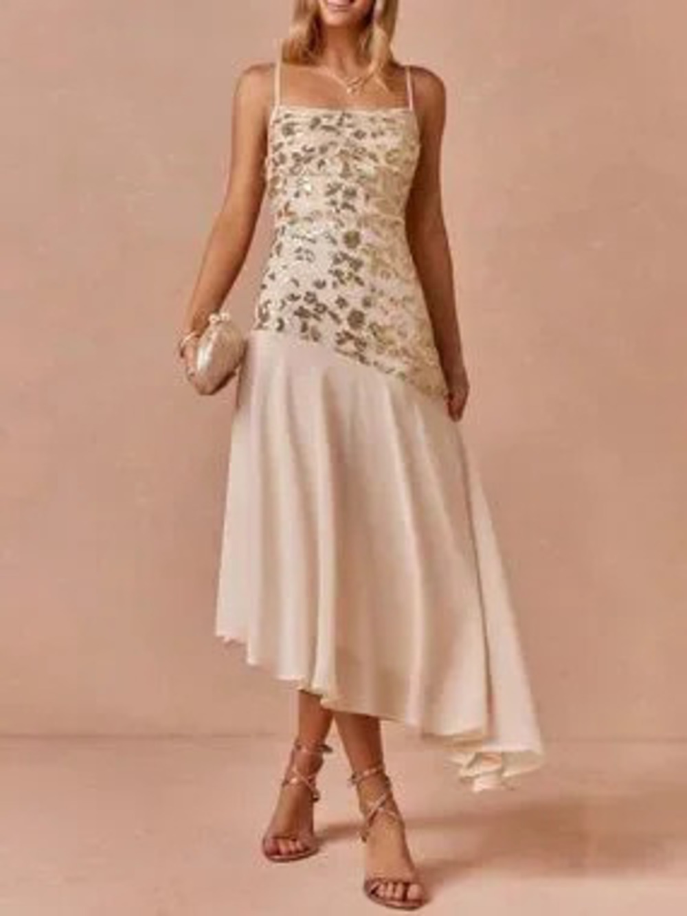 Apricot Elegant Women's Asymmetric Hem Sequin Patchwork Spaghetti Strap Dress